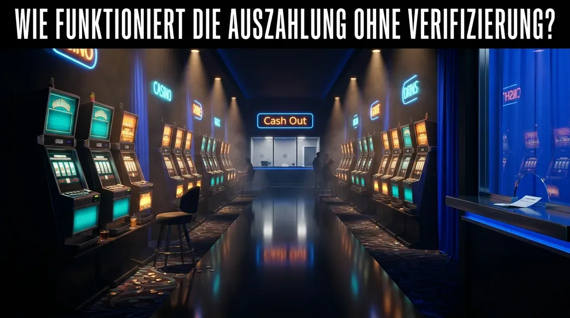 Casino-Kasse mit 'Cash Out'-Schild, erklärt Auszahlung ohne Verifizierung.